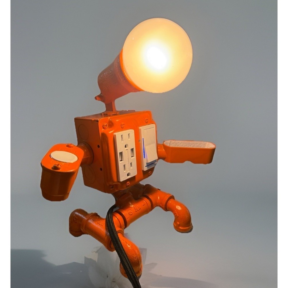 Industrial Steampunk Pipe Robot Lamp With USB And Magnetic Phone Holder